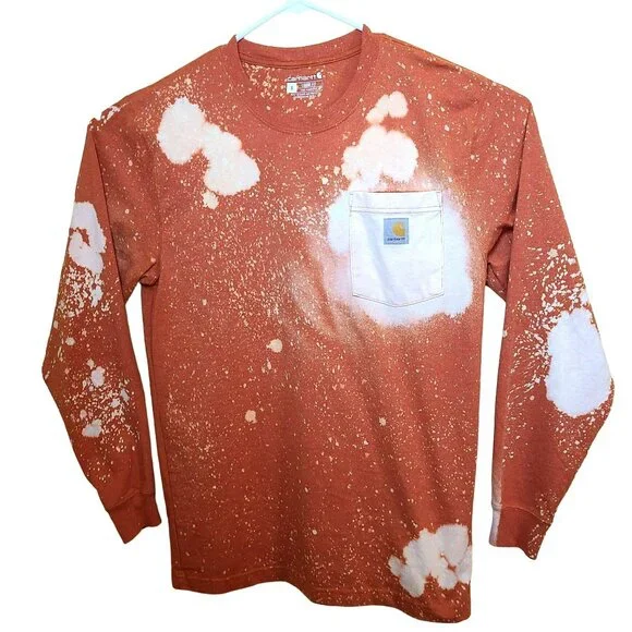 Carhartt Loose Fit T Shirt Men's SM Orange Long Sleeve Workwear Pocket Tie Dye - Picture 1 of 9
